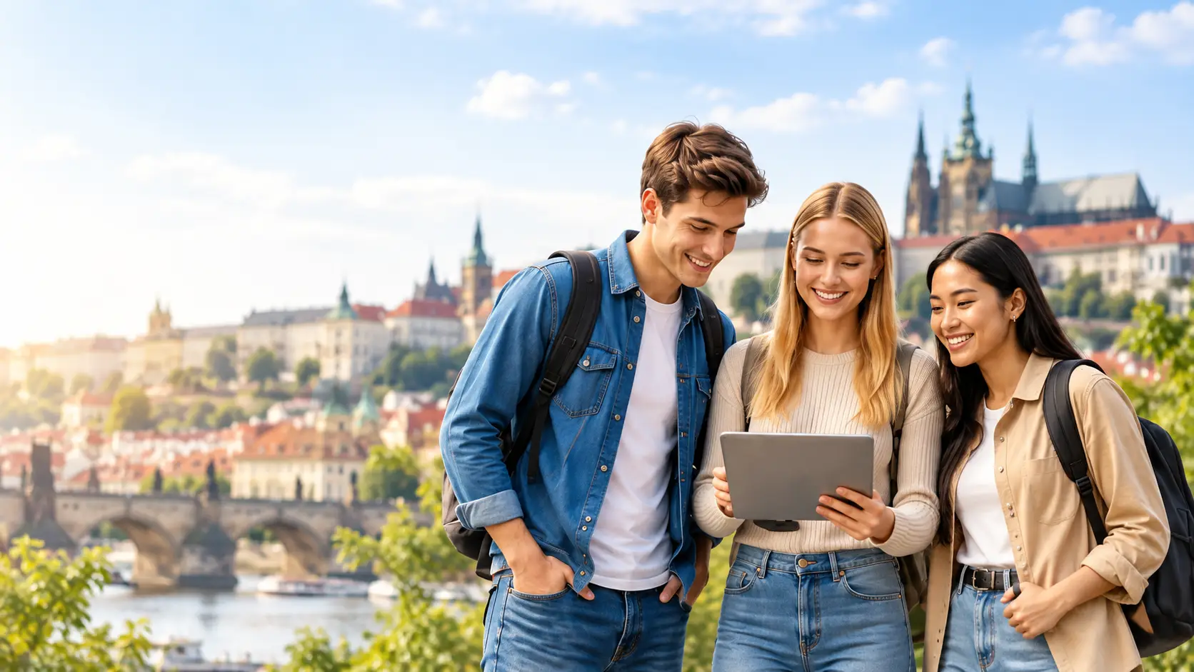 International students overlooking the Prague skyline